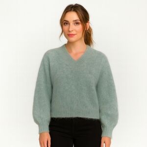 Vintage Mohair Hand Knit V-Neck Pullover Soft Teal
